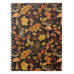 Autumn leaves, berries, mushrooms and wrens notebook