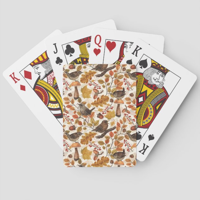 Autumn leaves, berries, mushrooms and wrens playing cards (Back)
