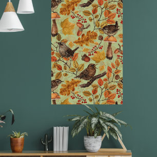 Autumn leaves, berries, mushrooms and wrens poster