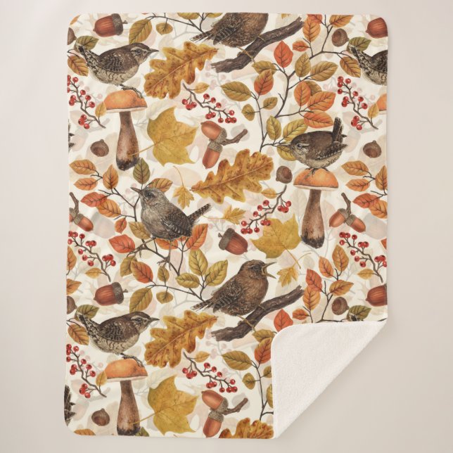 Autumn leaves, berries, mushrooms and wrens sherpa blanket (Front)
