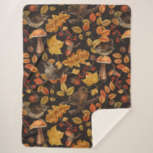 Autumn leaves, berries, mushrooms and wrens sherpa blanket