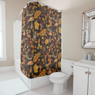 Autumn leaves, berries, mushrooms and wrens shower curtain