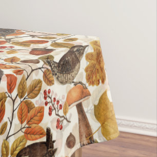 Autumn leaves, berries, mushrooms and wrens tablecloth