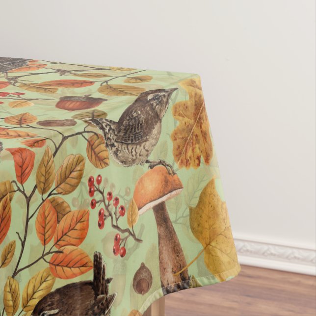 Autumn leaves, berries, mushrooms and wrens tablecloth (In Situ)