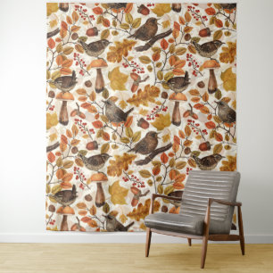Autumn leaves, berries, mushrooms and wrens tapestry