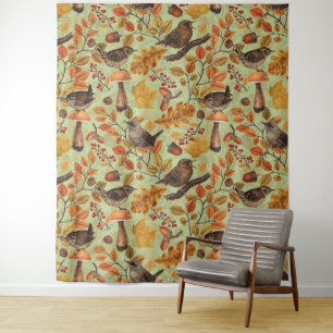 Autumn leaves, berries, mushrooms and wrens tapestry