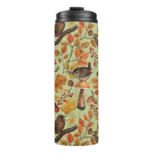 Autumn leaves, berries, mushrooms and wrens thermal tumbler