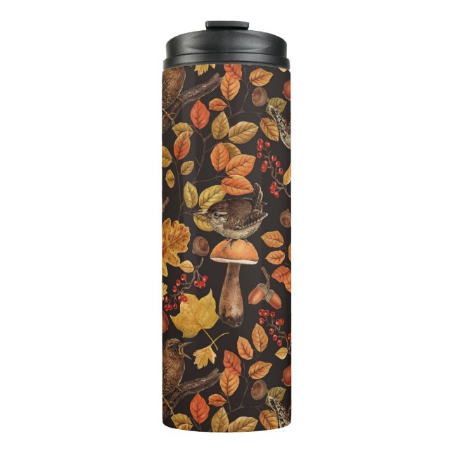 Autumn leaves, berries, mushrooms and wrens thermal tumbler (Front)