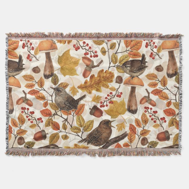 Autumn leaves, berries, mushrooms and wrens throw blanket (Front)