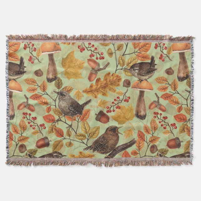 Autumn leaves, berries, mushrooms and wrens throw blanket (Front)
