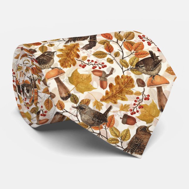 Autumn leaves, berries, mushrooms and wrens tie (Rolled)