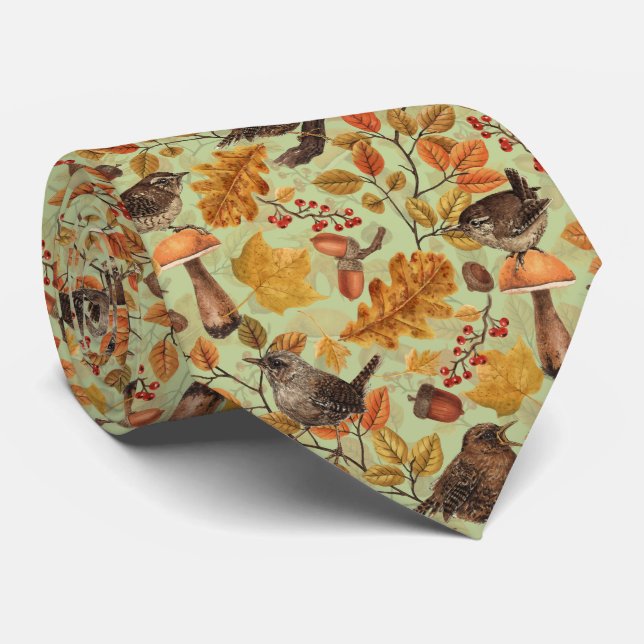 Autumn leaves, berries, mushrooms and wrens tie (Rolled)