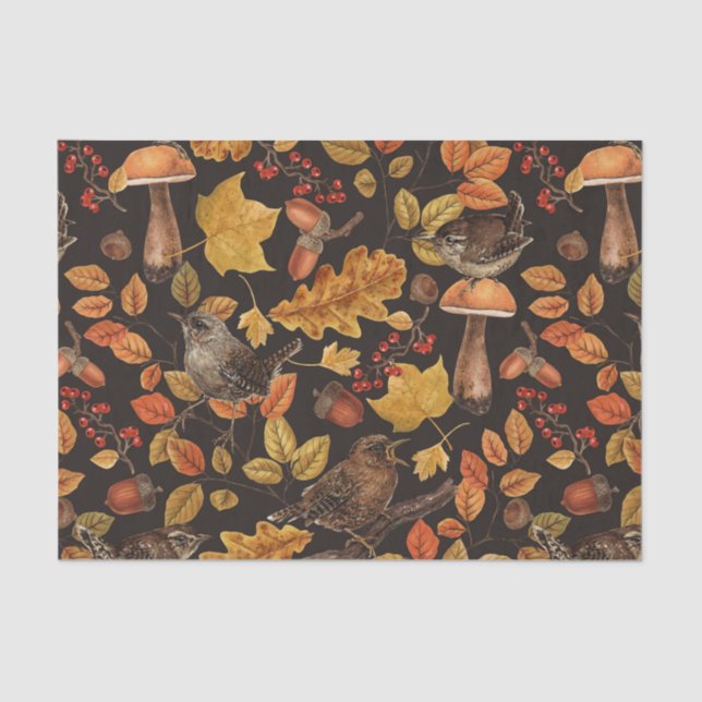 Autumn leaves, berries, mushrooms and wrens tissue paper (Front)