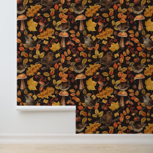 Autumn leaves, berries, mushrooms and wrens wallpaper