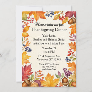 Autumn Leaves Berries Nuts Thanksgiving Invitation