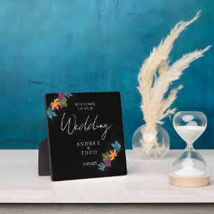 Autumn leaves black contrast wedding welcome plaque