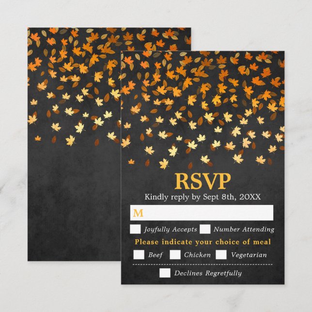 Autumn Leaves Black Grunge Wedding Meal Choice RSVP Card (Front/Back)