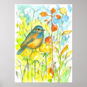 Autumn Leaves Bluebird Watercolor Poster