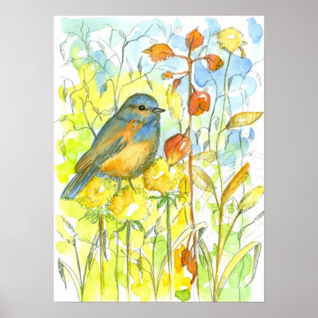 Autumn Leaves Bluebird Watercolor Poster (Front)