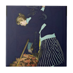 Autumn Leaves Bonfire by C Coles Phillips Ceramic Tile
