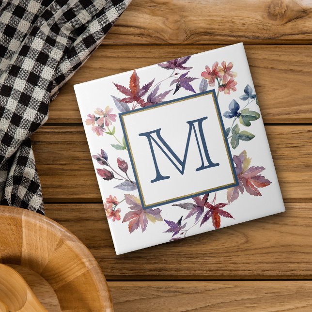 Autumn Leaves Border Monogram Ceramic Tile (Creator Uploaded)