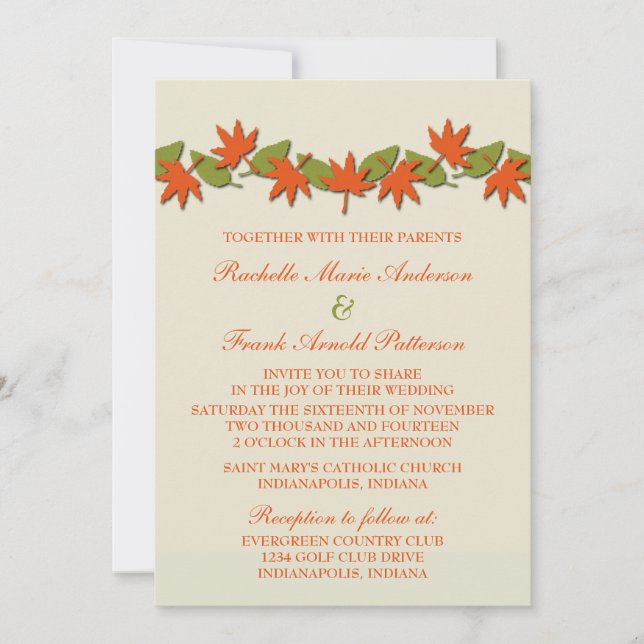 Autumn Leaves Border Wedding Invite, Orange/Green Invitation (Front)