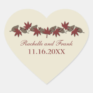 Autumn Leaves Border Wedding Stickers, Red/Brown Heart Sticker