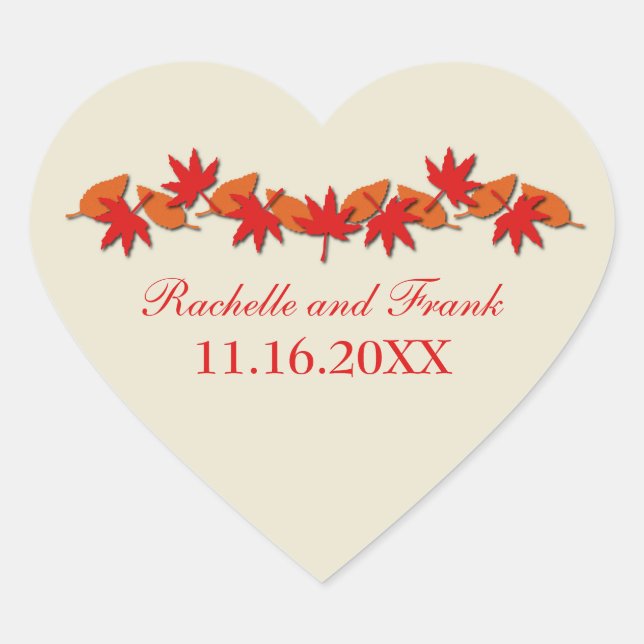 Autumn Leaves Border Wedding Stickers, Red/Orange Heart Sticker (Front)