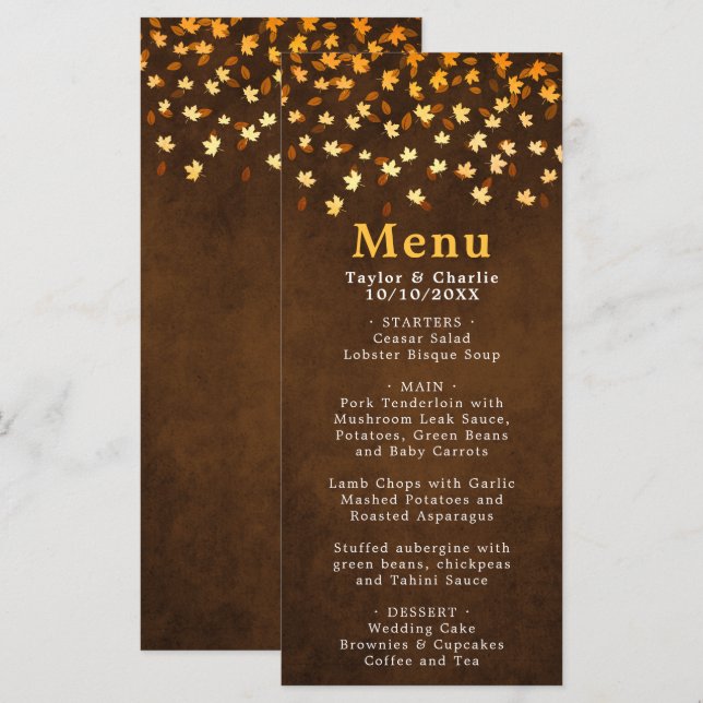 Autumn Leaves Brown and Gold Wedding Menu (Front/Back)