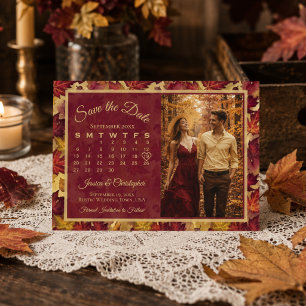 Autumn Leaves Burgundy Calendar & Photo Wedding Save The Date