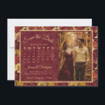 Autumn Leaves Burgundy Calendar & Photo Wedding Save The Date<br><div class="desc">These beautiful boho chic floral wedding save the date cards feature your photo and a customizable calendar on a watercolor background painting of autumn leaves in shades of burgundy and gold. The caption reads: Save the Date in elegant script lettering, and there is a cute romantic heart that you can...</div>