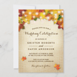 Autumn Leaves Burlap String Lights Fall Wedding Invitation