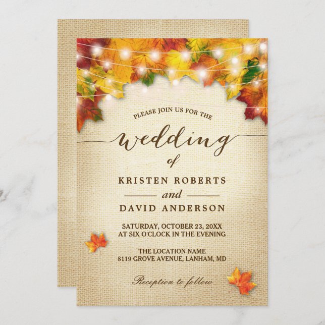 Autumn Leaves Burlap Twinkle Lights Fall Wedding Invitation (Front/Back)
