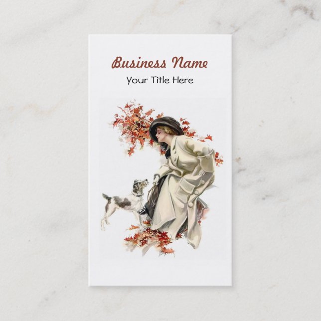 Autumn Leaves Business Card Lady and Dog (Front)