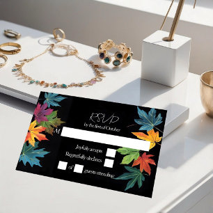 Autumn leaves contrast black wedding RSVP card