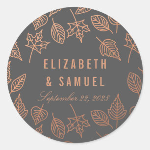 Autumn Leaves Copper Grey Round Wedding Sticker