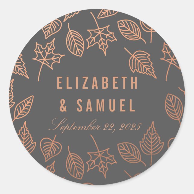 Autumn Leaves Copper Grey Round Wedding Sticker (Front)