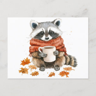 Autumn leaves cosy fall racoon with cup of coffee postcard