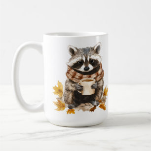 Autumn leaves cosy racoon with cup of coffee