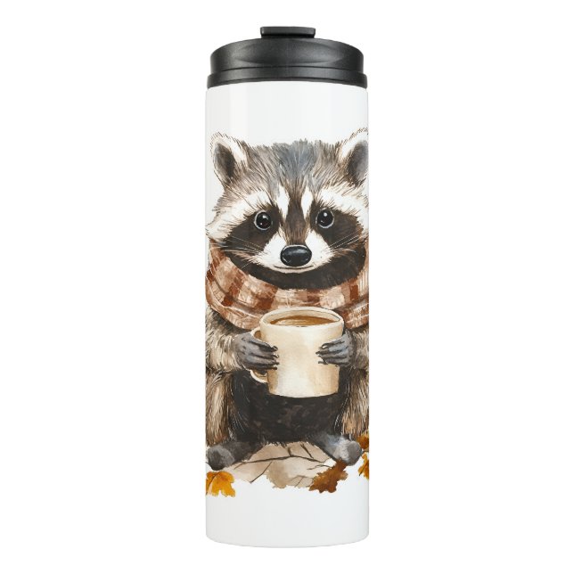 Autumn leaves cosy racoon with cup of coffee (Front)