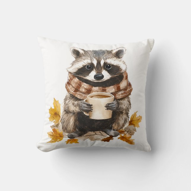 Autumn leaves cosy racoon with cup of coffee cushion (Front)