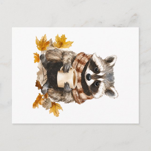 Autumn leaves cosy racoon with cup of coffee holiday postcard (Front)
