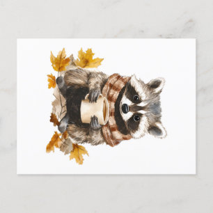 Autumn leaves cosy racoon with cup of coffee postcard
