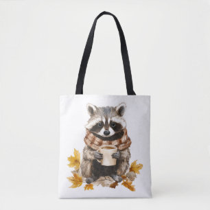 Autumn leaves cosy racoon with cup of coffee tote bag