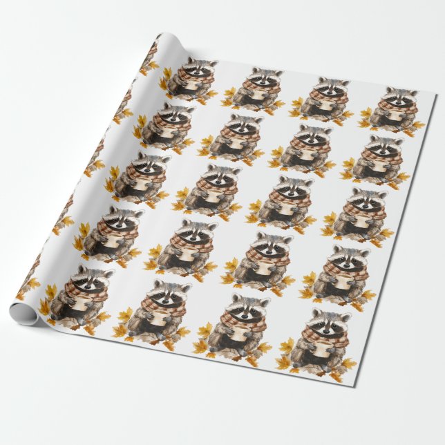 Autumn leaves cosy racoon with cup of coffee wrapping paper (Unrolled)