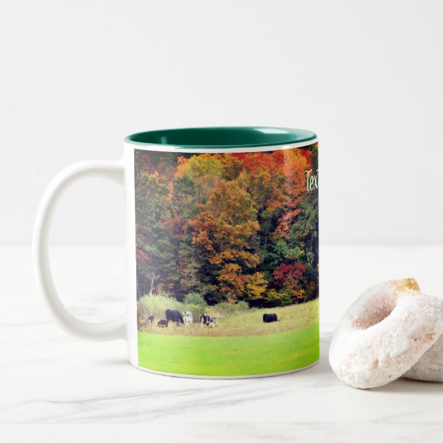 Autumn Leaves Cow Field Nature Personalised Two-Tone Coffee Mug (With Donut)