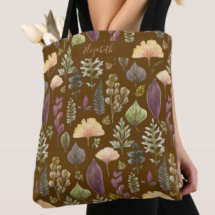 Autumn Leaves Custom Name Brown Tote Bag