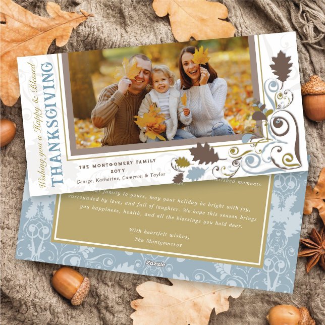 Autumn Leaves Elegant Swirls Thanksgiving Photo Holiday Card (Fall / Autumn Leaves Elegant Decorative Swirls Happy Thanksgiving Photo Holiday Card @ fat_fa_tin)