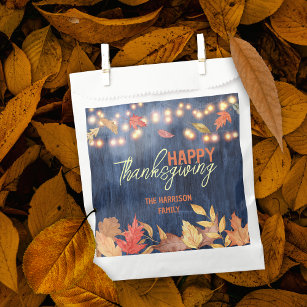 Autumn Leaves Fairy Lights On Wood Thanksgiving Favour Bag