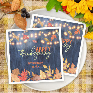 Autumn Leaves Fairy Lights On Wood Thanksgiving Napkin